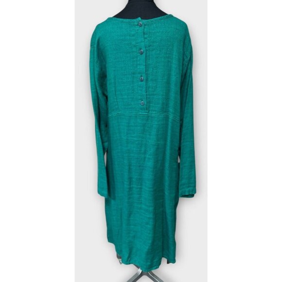 FLAX Womens Maxi Dress Size L Teal 100% Linen Long Sleeve Pockets Lagenlook - Picture 3 of 10